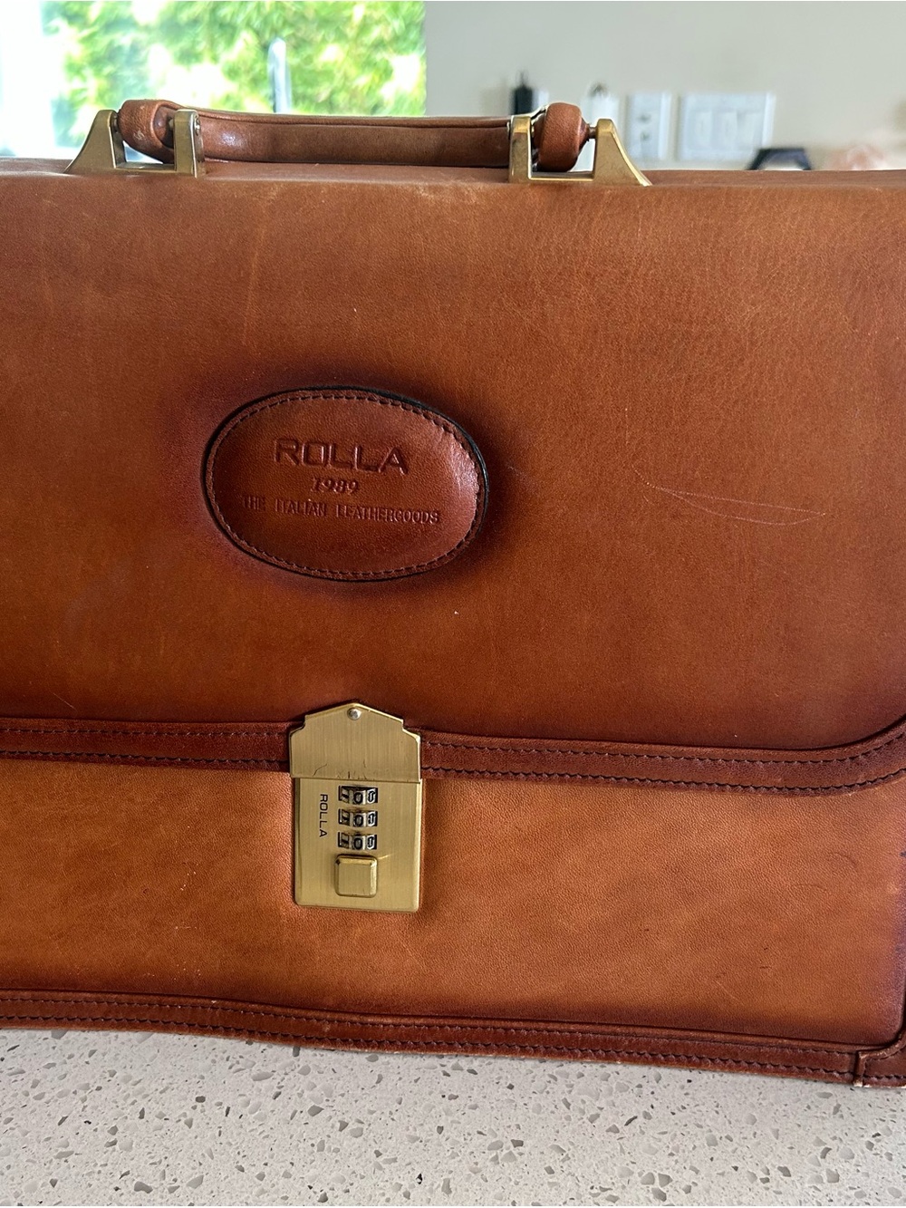 ROLLA'S Brown Leather Briefcase with Brass Hardware